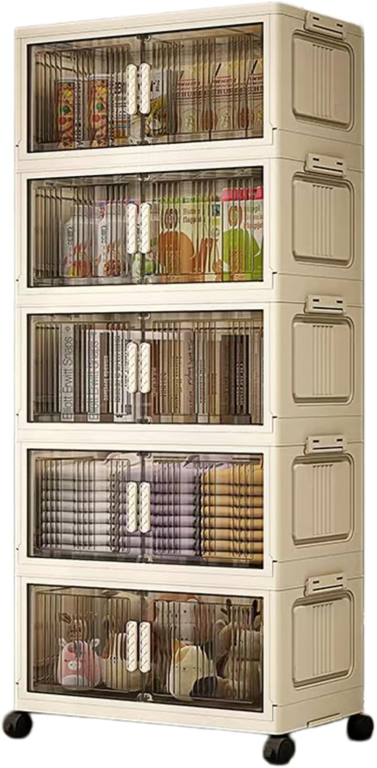 Lockable Storage Bins with Lids, Extra Large Stackable Storage Bins for Home, Office,Folding Storage box with Doors and Wheels (5, Gray translucent color, L 27.5 * 12.6in)