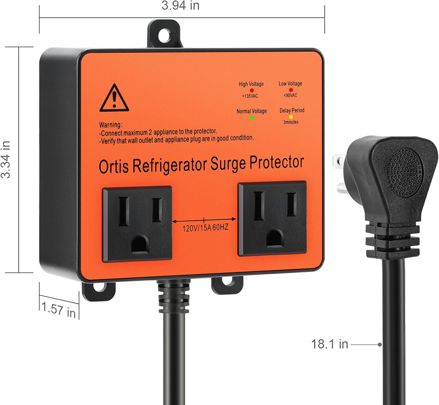 Refrigerator Surge Protector, Ortis Double Outlet Voltage Protector for Home Appliances with Time Delay, Protects Against Brownout, Spike, Instant Surge All Voltage Abnormalities, Orange - Image 6