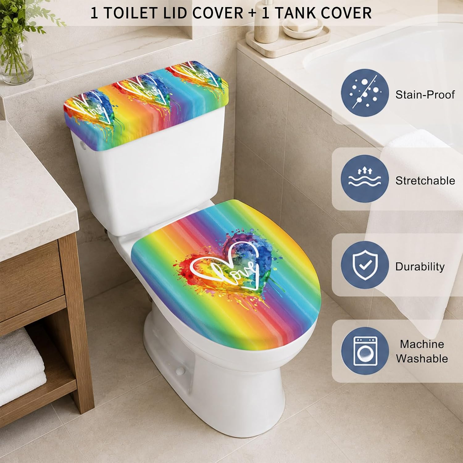 Colorful Love Heart Elastic Toilet Lid and Tank Covers Set, Watercolor Striped Rainbow Decorative Bathroom Decor, 2 Pcs Toilet Lid Cover and Toilet Tank Lid Cover with Elastic Bottom image 3