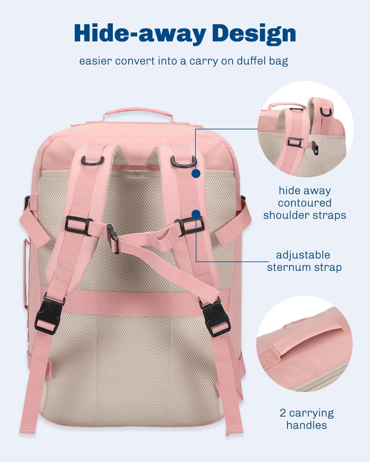Hynes Eagle Carry on Backpack 38L Large Travel Backpack for Women Flight Approved Weekender Bag Laptop Backpack Men 15 inches Light Pink