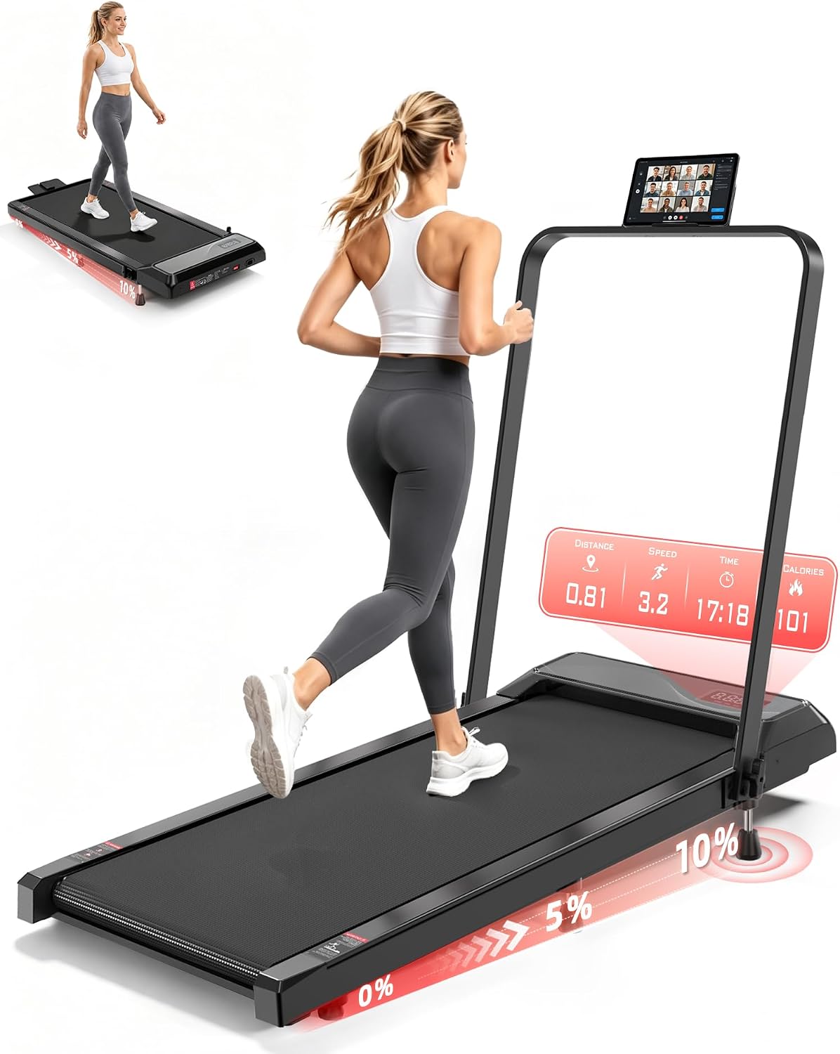 Walking Pad Treadmill 10% Incline, Foldable Handle, Under Desk Treadmill | 3.0HP Quiet BLDC Drive Walking Pad, 1-5 MPH Speed, 300 lbs Capacity, LED Display, Portable Treadmill for Home