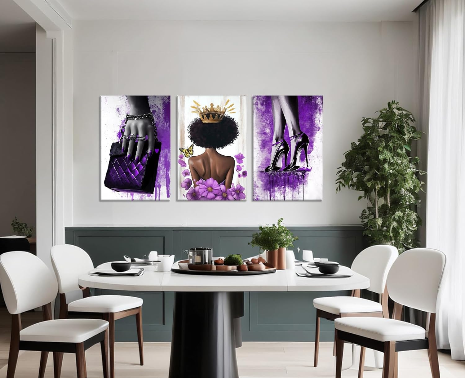 Black Woman Canvas Wall Art African American Wall Decor Purple Fashion Girl Picture High Heel Shoes Handbag Painting Abstract Prints Bedroom Living Room Decor Framed(Art-1,11.00"x14.00"x3P)