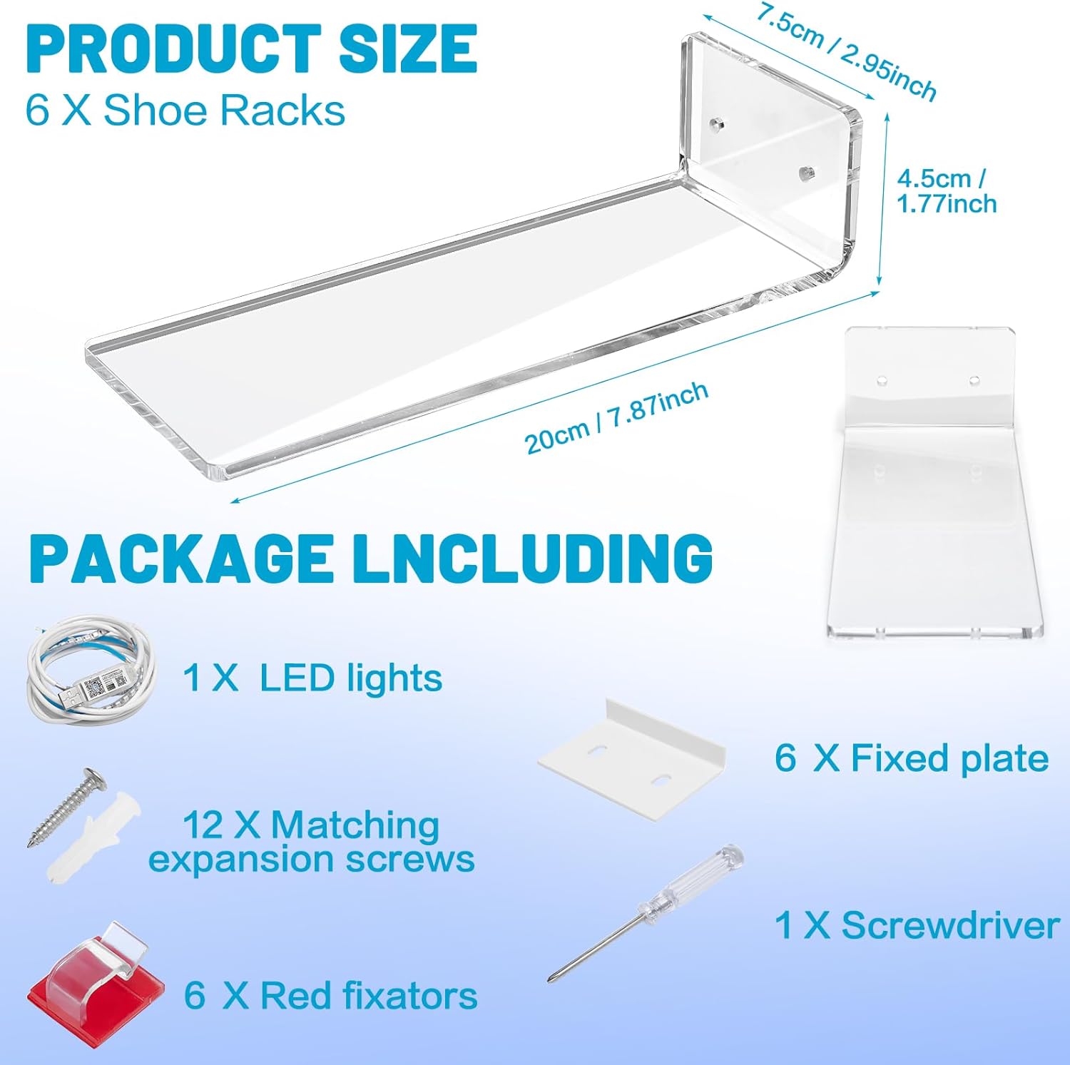 DILIBRA Set of 6 Floating Shoe Display Shelf with Lights, Glow Color Changing Clear Acrylic Shoe Shelf for Wall, Levitating Sneaker Shelves Wall Mount for Display Your Top Shoes Collection