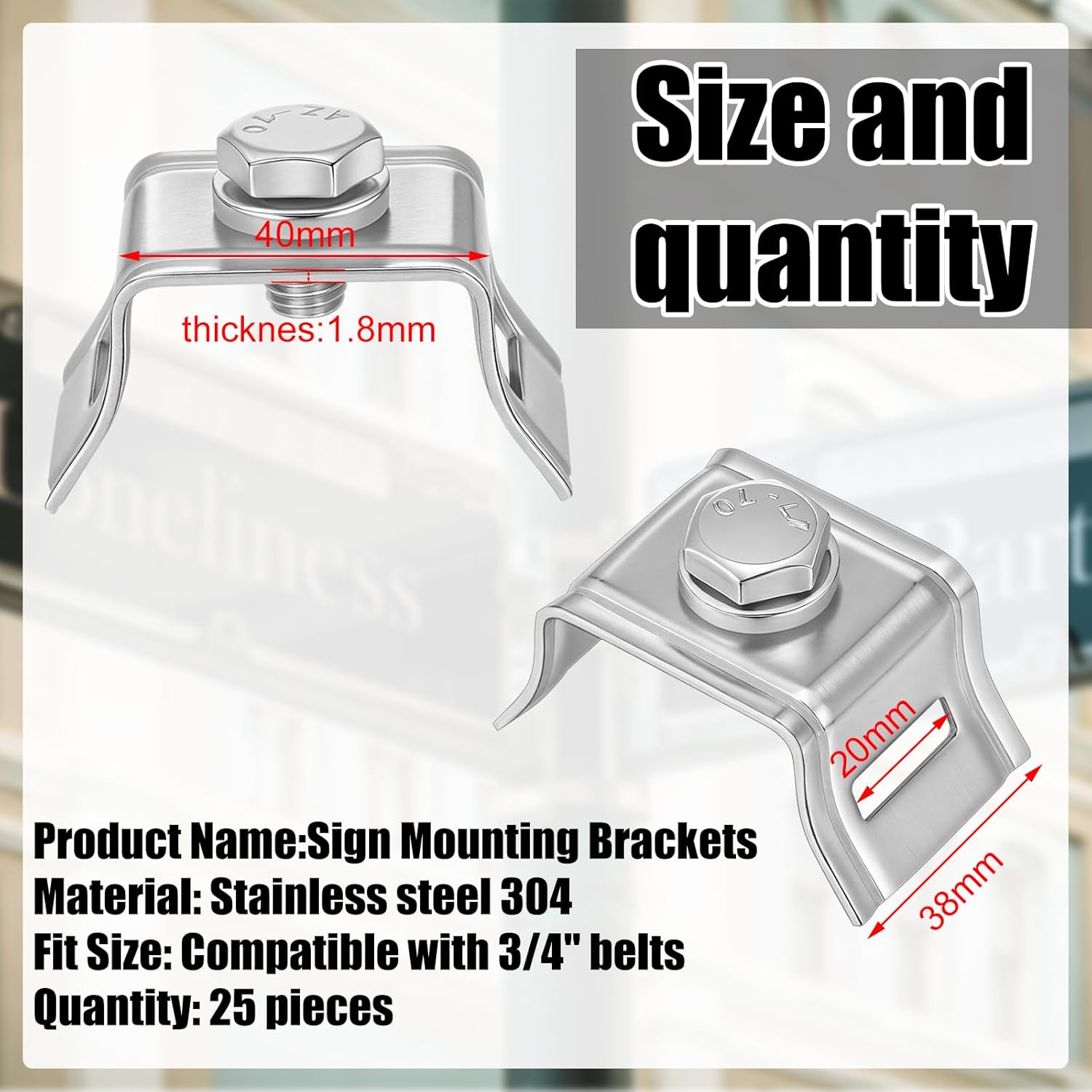 Blulu 25 Pcs 304 Stainless Steel Single Bolt 3/4 Inch Flared Leg Bracket, Sign Mounting Brackets with Steel Bolt and Nylon Washer for Mount Traffic Signs, Security Cameras or Traffic Cameras (Silver)