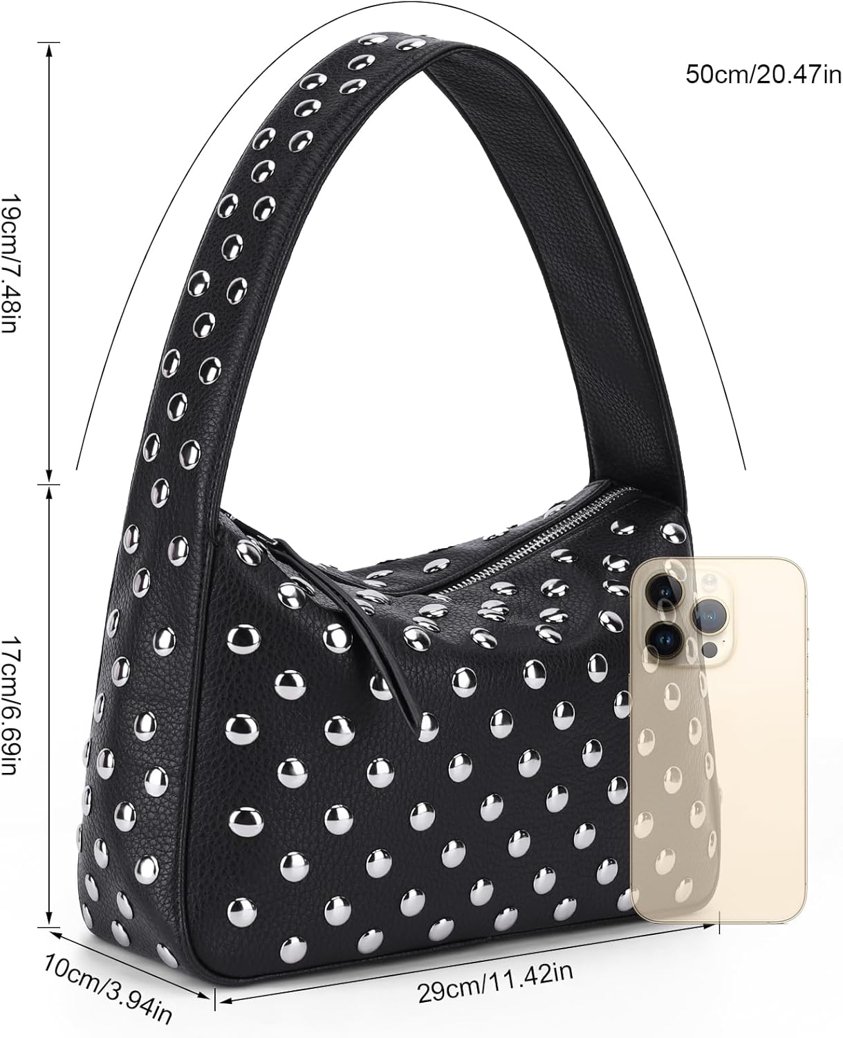 YFGBCX Studded Purses Black Shoulder Bag Y2K Purse for Women Handbag Soft Leather Fall Purse - Image 6