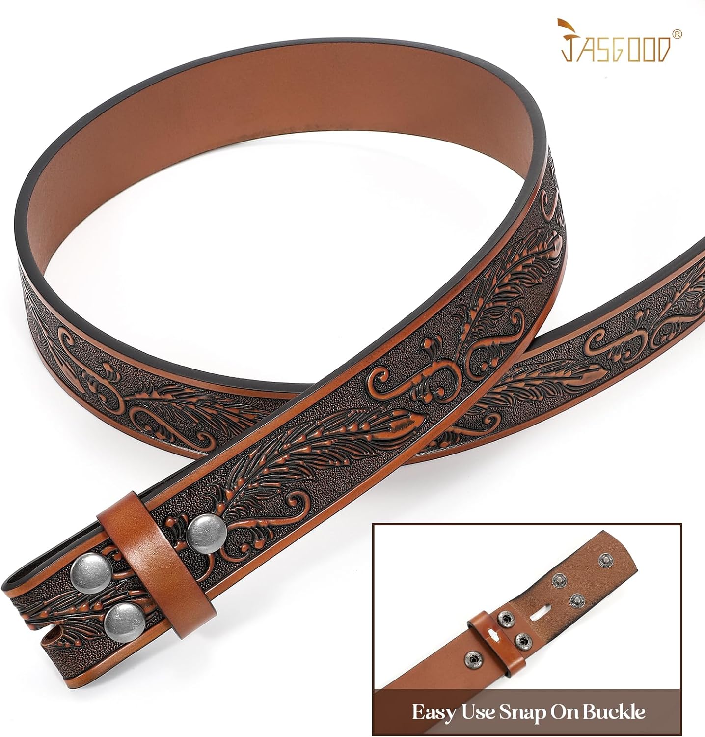 JASGOOD Western Leather Belt Strap for Men without Buckle Engraved Embossed Cowboy Leather Belt Strap 1.5 inch Wide - Image 5