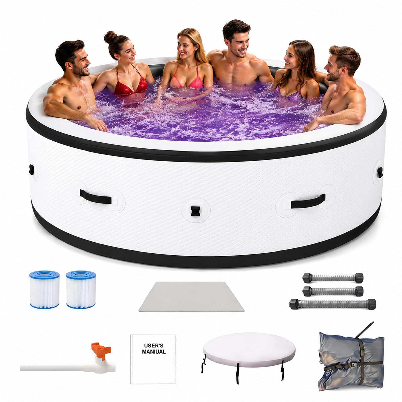 Piscina Idromassaggio Gonfiabile Esterno 4-6 Adulti, 206 cm Grande Spa Portatile con 150 Getti Aria, Riscaldamento Rapido 40°C, LED 6 Colori, Vasca Antiforatura per Giardino Patio