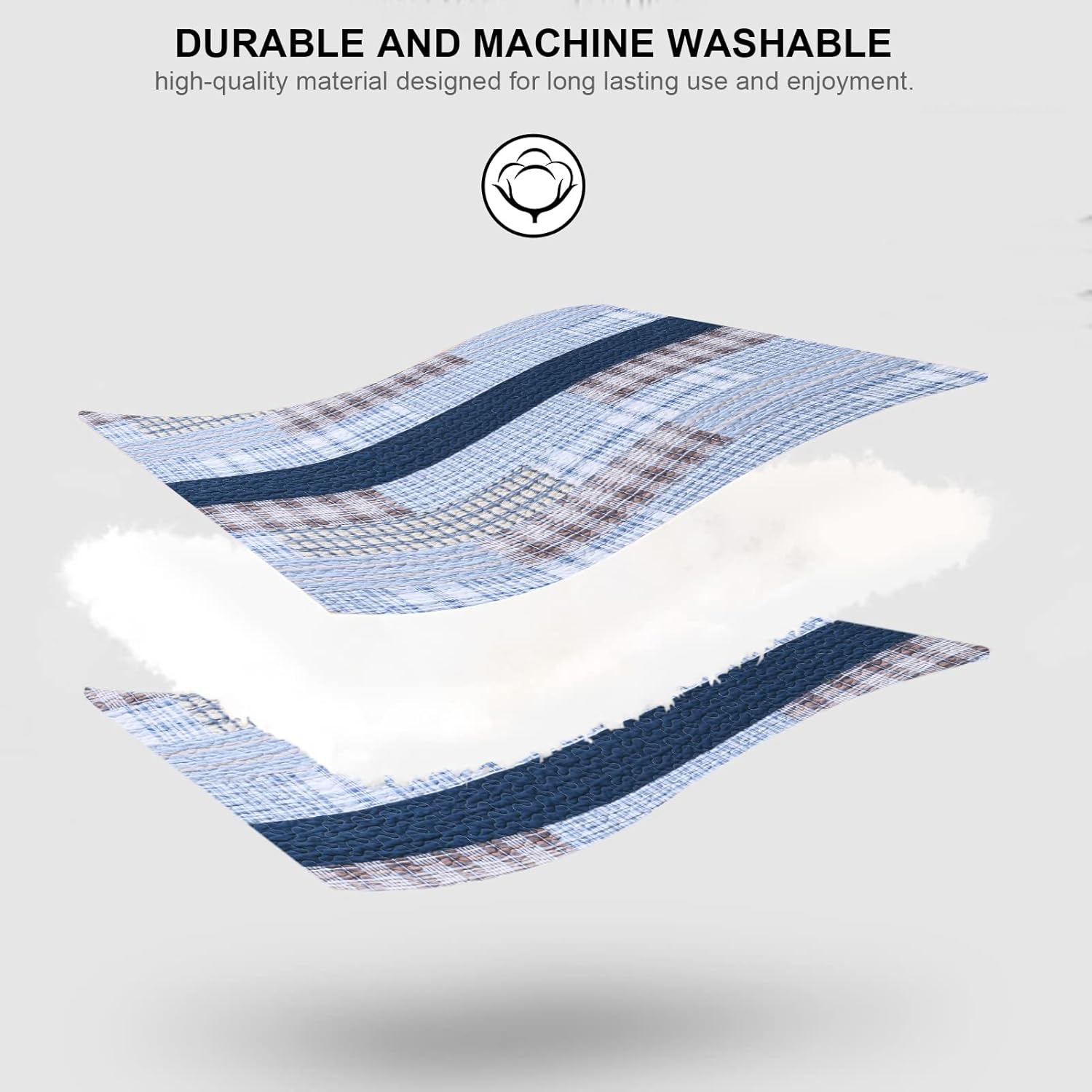 PANGUSHAN Quilt Set King Size, 100% Cotton Quilt Bedding Set Bedspreads, Patchwork Plaid Farmhouse Reversible Lightweight Comforter Bed Spread for King Bed, Blue, 3 Pieces - Image 6