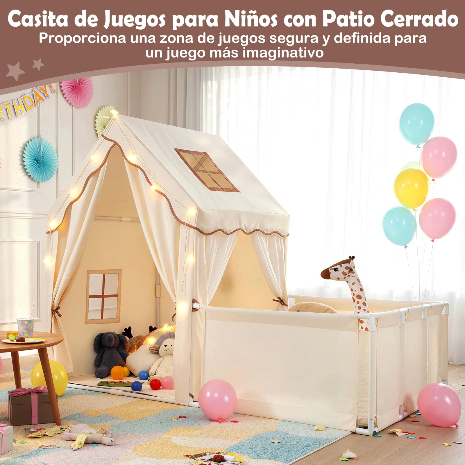 GOPLUS Tienda de Campaña Infantil con Parque, tipi Infantil Interior 2 en 1 con Patio, Luces Estrelladas, Alfombra de Algodón Lavable, Cortinas, Ventanas, Tienda de Juegos para Niños de 3+ Años (Café)