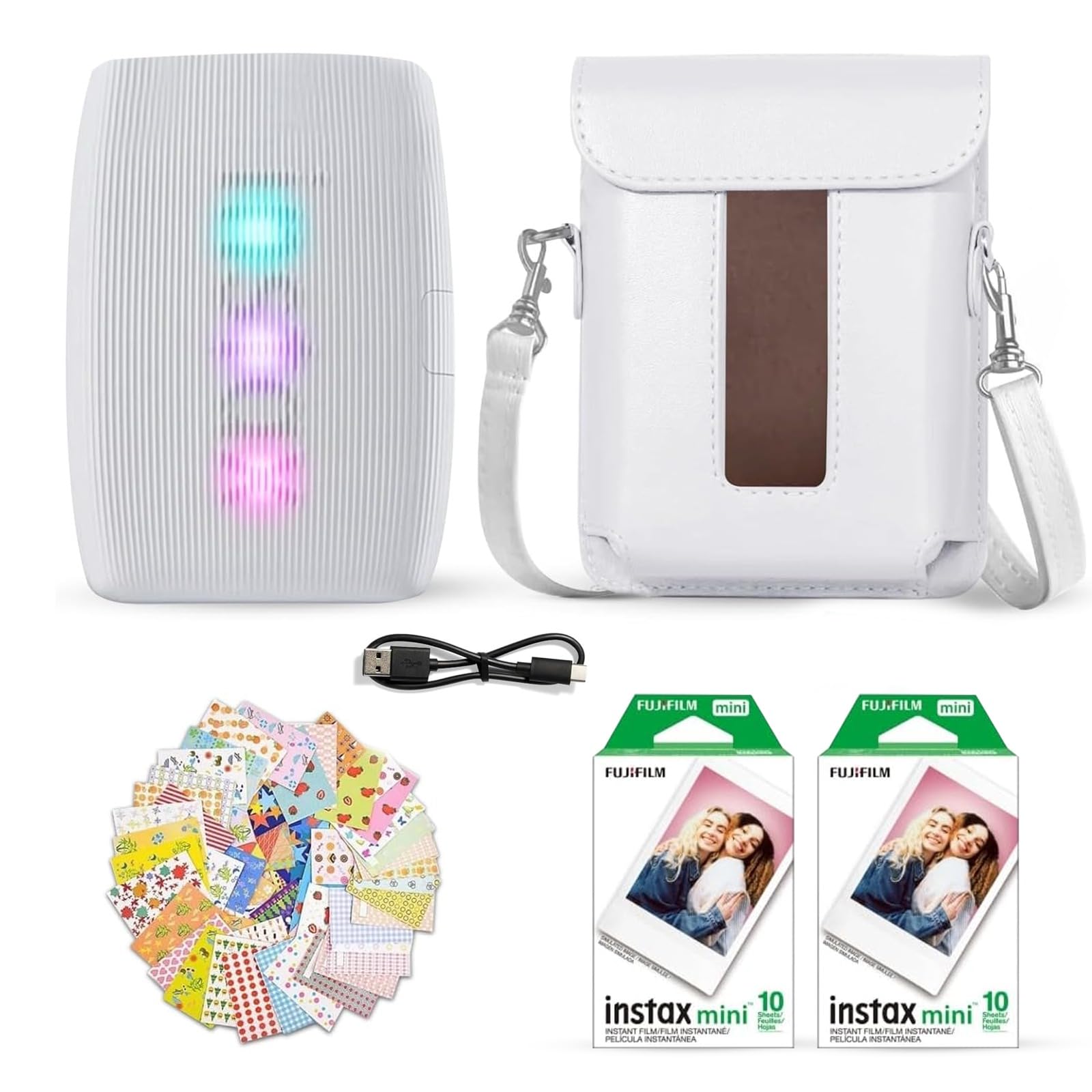 Instax Mini Link 3 Smartphone Printer Clay White + Fuji Film Value Pack (20 Sheets)+ Shutter Accessories Bundle, Incl. Protective Case, 20 Sticker Frames, USB Type C Cable
