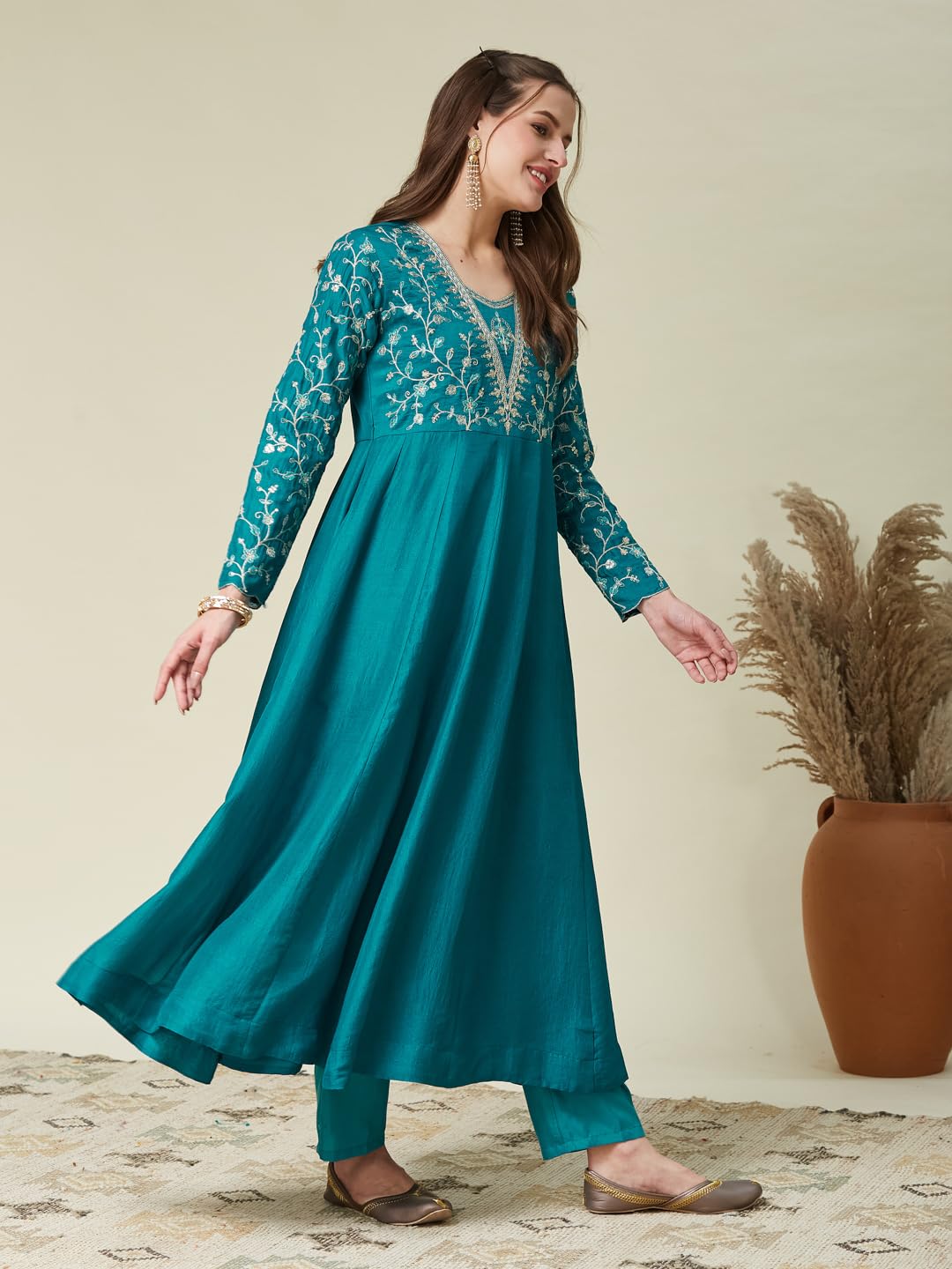 MOKOSH Women Silk Embroidered Rama Anarkali Kurta Pant And Dupatta Set-471-03-S - Image 4 thumbnail