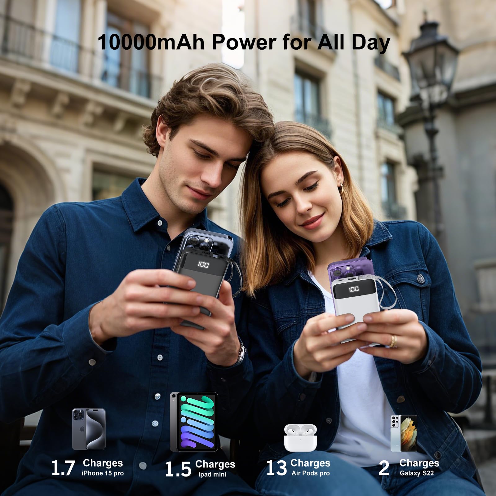 penaover Caricabatterie portatile 10000 mAh Power Bank con cavo integrato, 5 uscite, 2 ingressi, batteria esterna essenziale da viaggio con display a LED, compatibile con iPhone 16/15 Samsung S22
