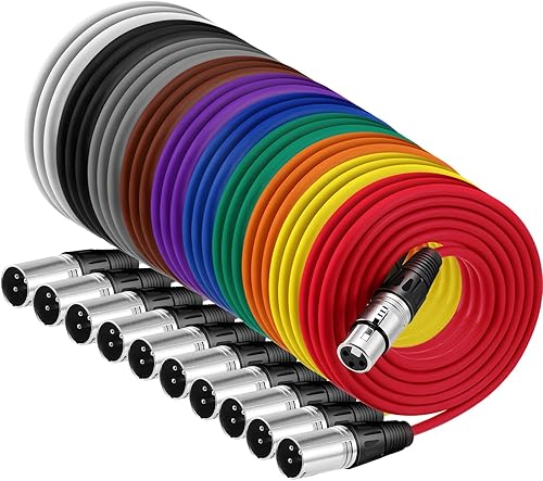 Paquete de 10 cables XLR de 6 pies de color mixto, 3 pines, cable de micrófono de arco iris equilibrado, cable de micrófono macho a hembra, para