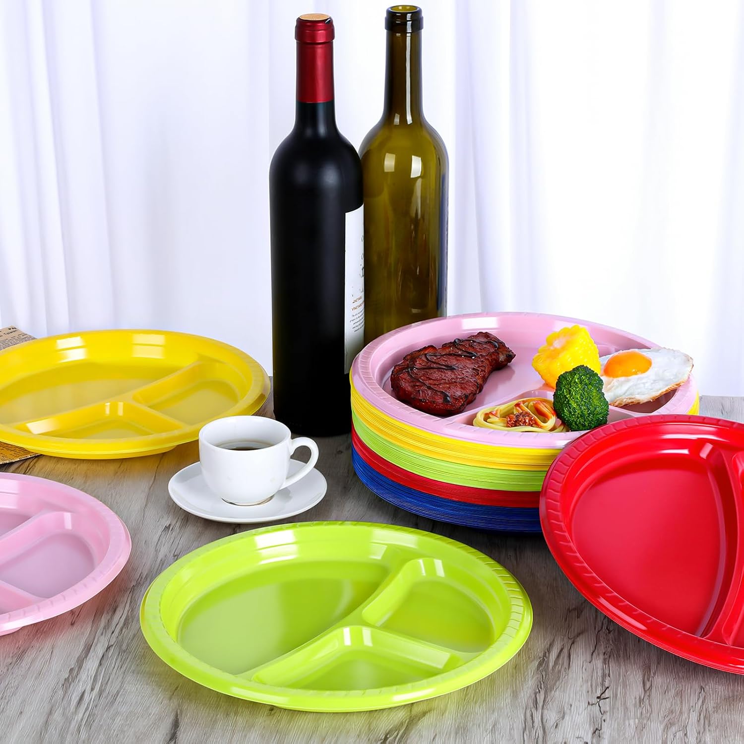 100 Pieces 3 Compartments Divided Plastic Party Plates, 5 Colors 10 Inch Round Dinner Plate Colorful Disposable Plastic Plates with Dividers for Valentine's Day Wedding Birthday Party Dinner Lunch