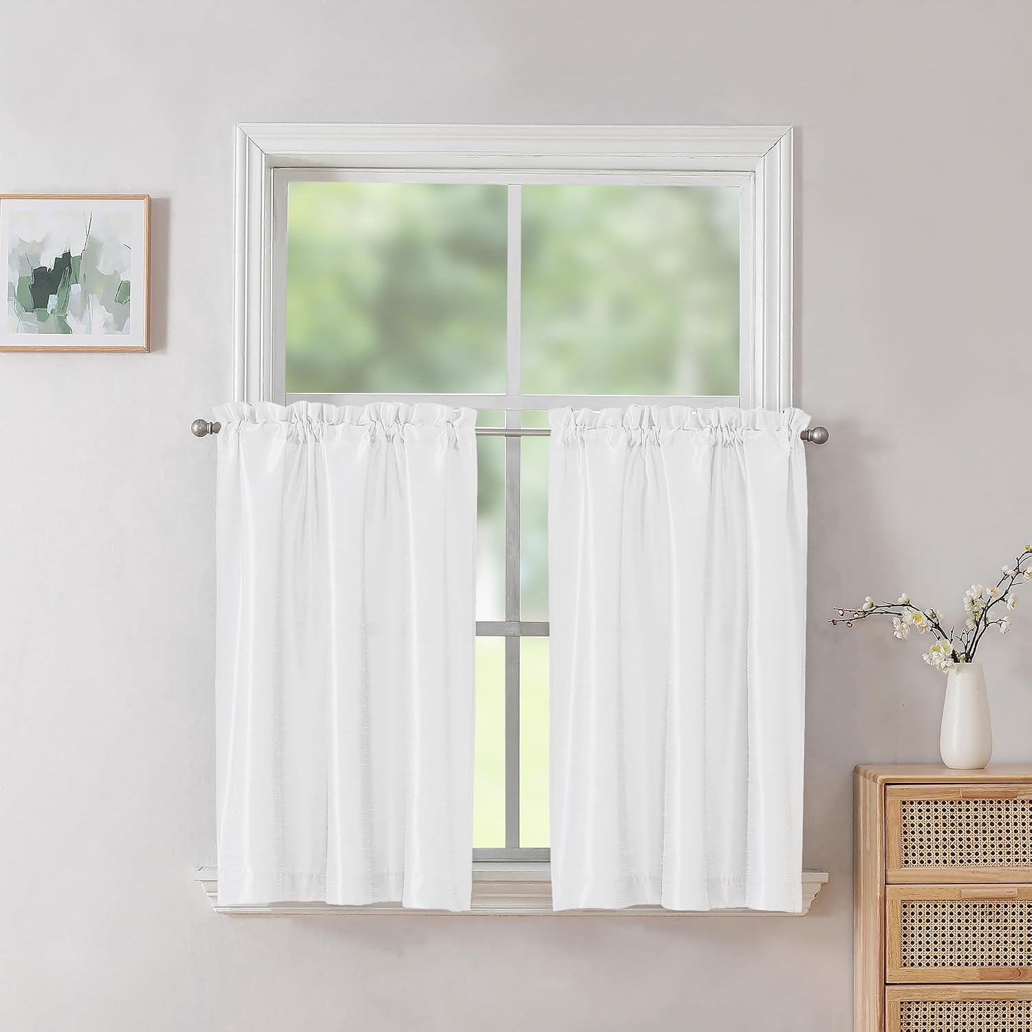 Chyhomenyc Uptown 2 PCS White Kitchen Tier Curtains 36 inch Length, Faux Silk Slub Fabric Lightweight Elegant Short Cafe Curtains for Farmhouse Bathroom Bedroom Small Windows, Each 30Wx36L inch