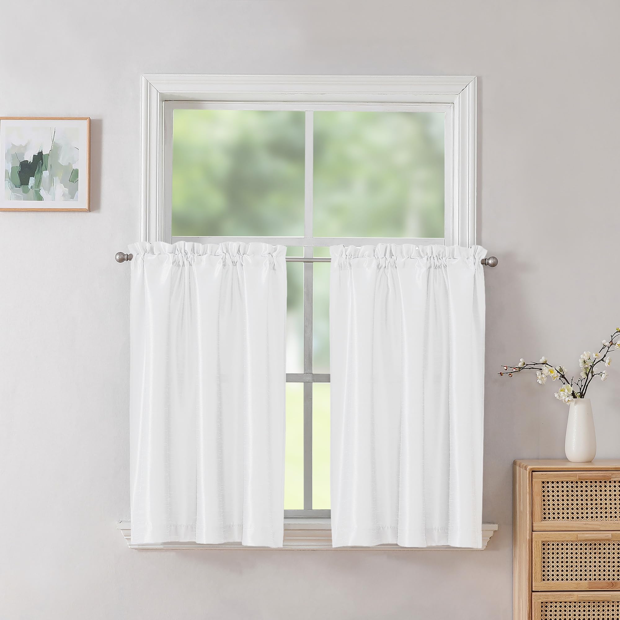Chyhomenyc Uptown 2 PCS White Kitchen Tier Curtains 36 inch Length, Faux Silk Slub Fabric Lightweight Elegant Short Cafe Curtains for Farmhouse Bathroom Bedroom Small Windows, Each 30Wx36L inch