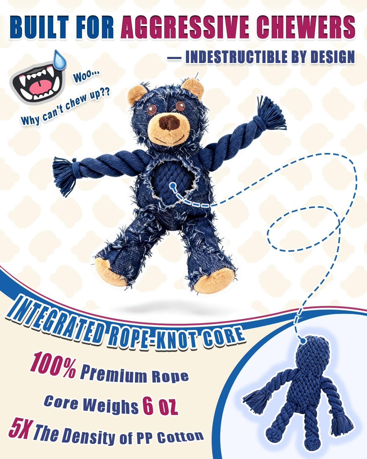 Ragged Bear Dog Toys for Aggressive Chewers, Indestructible Dog Toys with Tough Rope Core, Resistant Squeak Pet Toy for Boredom and Teething, Suitable for All Breed — view 2