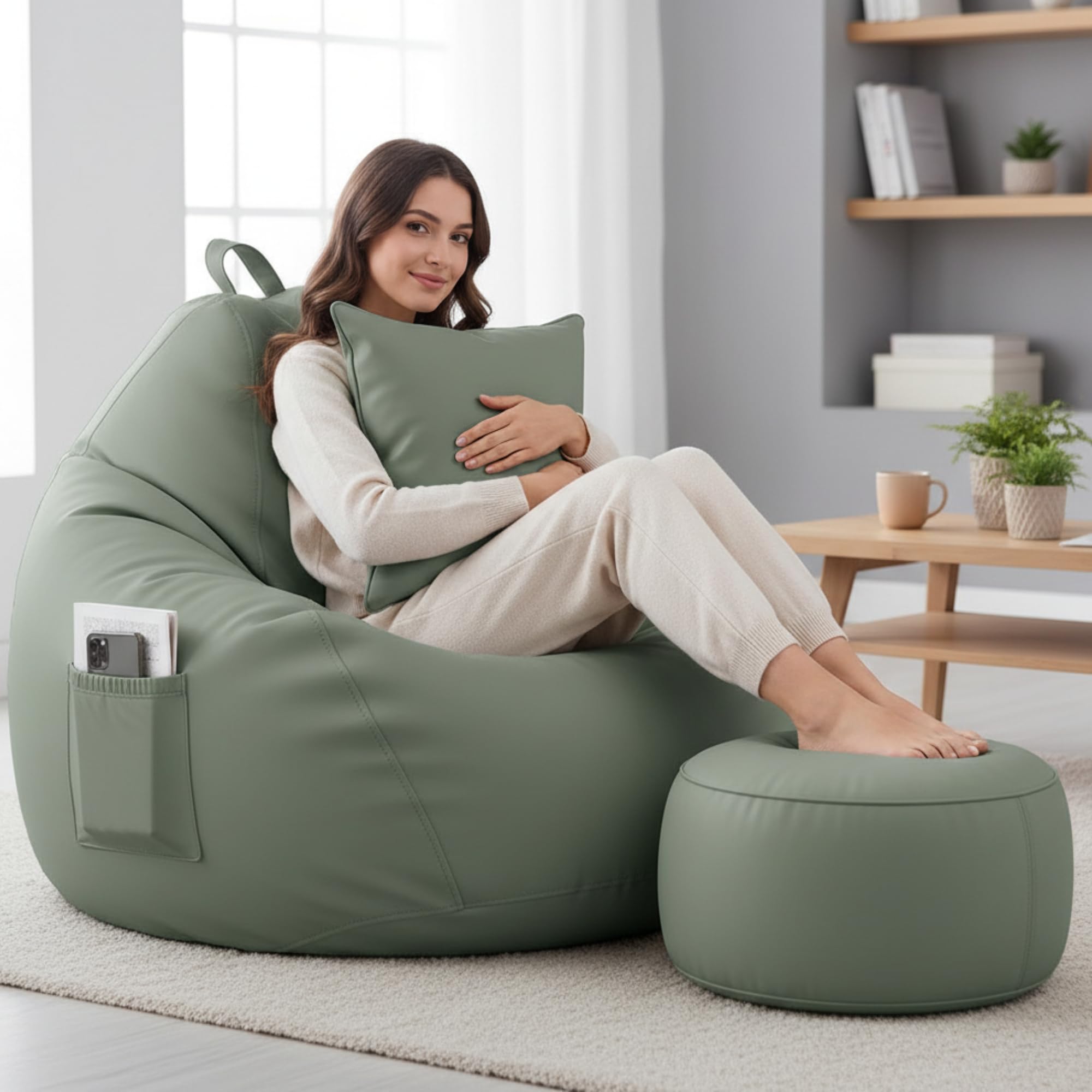 5XL Premium Leatherette Bean Bag with Footrest & Cushion | High Density EPS Beans Filled | Teardrop Shape with Handle | 6 Months Warranty Color- (SAGE Green, XXXXXL)