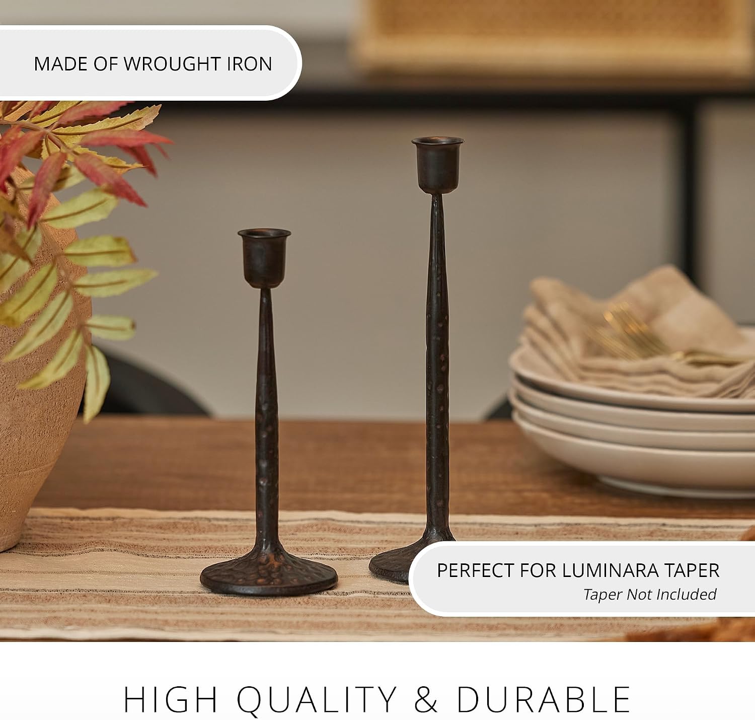 Luminara Wrought Iron Taper Candlestick Holder - Vintage Antique Black 8.25", Home Decor, Elegant Dining Table Centerpiece for Moving Flame Candles