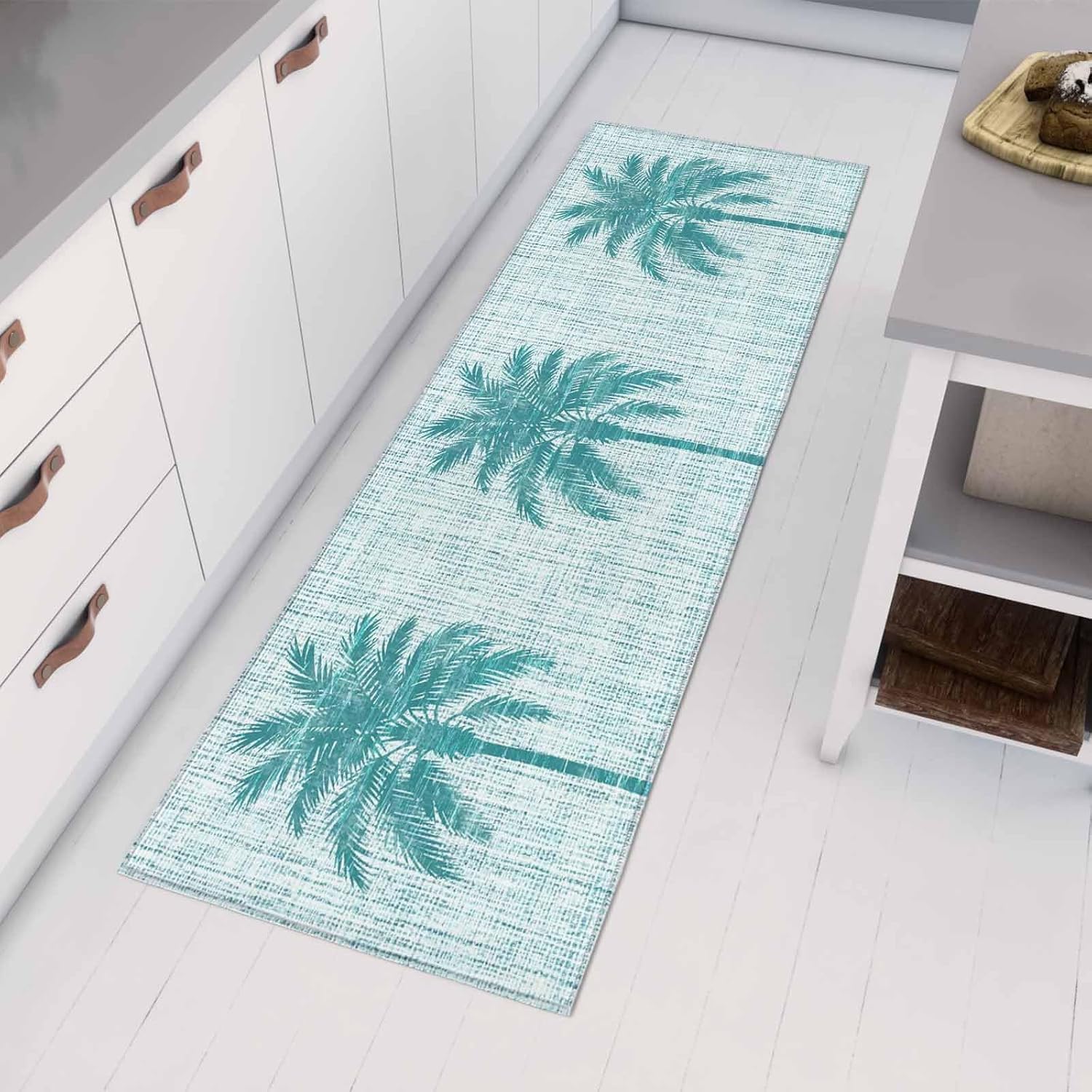 Teamery Kitchen Mats for Floor Tropical Teal Palm Tree Silhouette Washable Non Slip Kitchen Rugs 1PCS, Watercolor Plant Burlap Absorbent Standing Mats for Sink Bathroom Office Living Room 23.6x70.9in