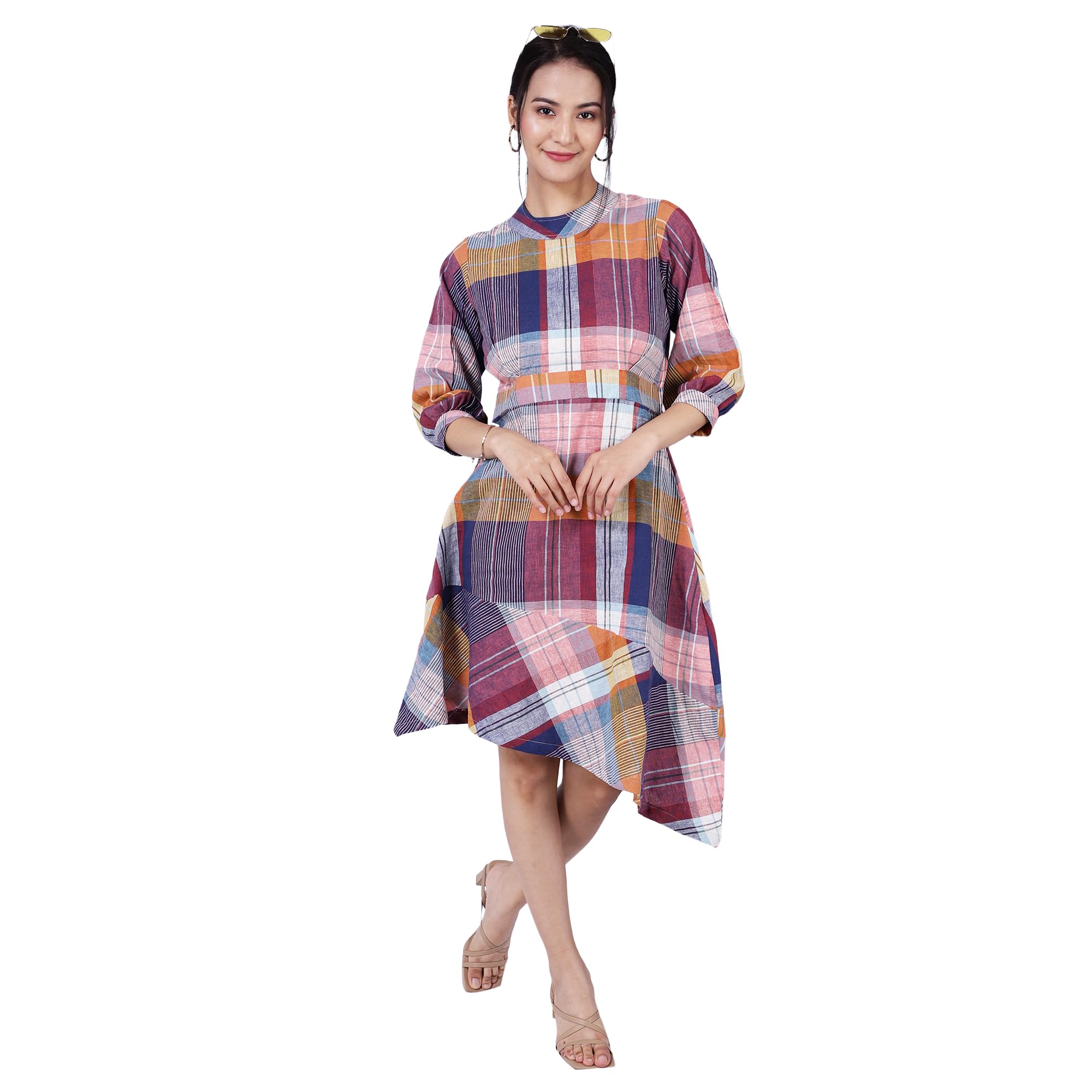 INDOPHILIAWomen's Cotton Linen Mini Multicolored Dress