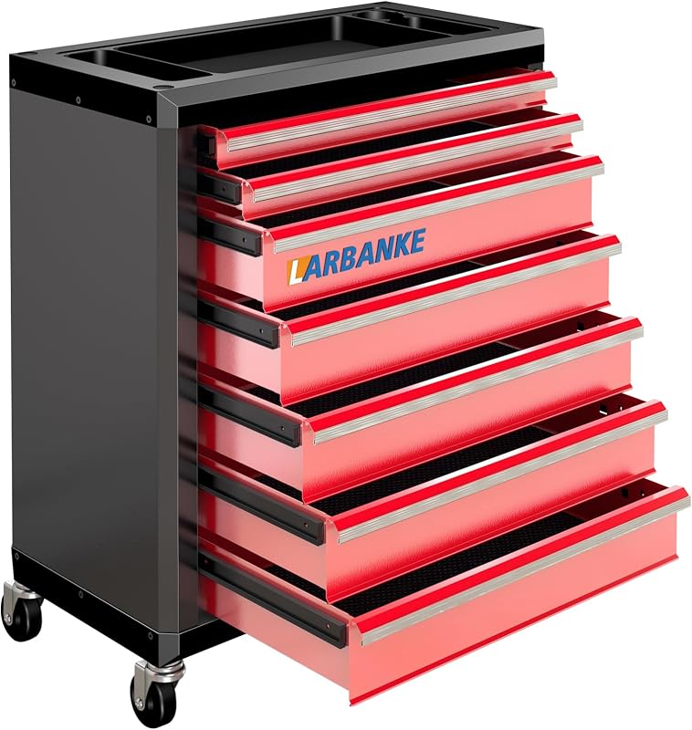 Cofre de herramientas con ruedas de 7 cajones con ruedas y cerradura, hebilla de enlace especial | Ruedas giratorias de 360°, sistema de bloqueo, parte superior impermeable, revestimiento de cajón antiarañazos, bielas para apilamiento vertical