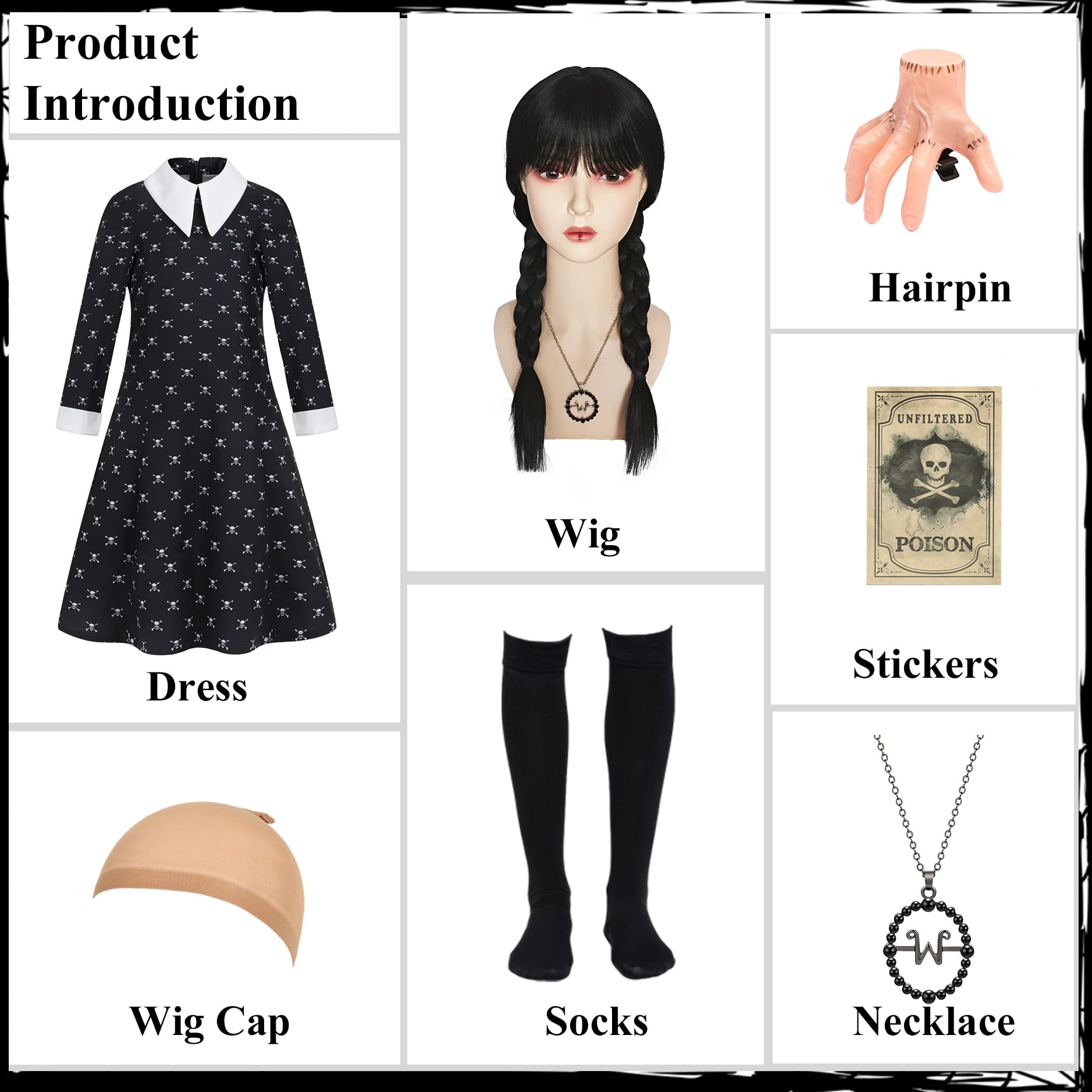 Enccfoeo Wednesday Addams Costume Dress for Girls Kids Toddler Halloween Skull Printed Black Dress Cosplay with Wig Socks Necklace Thing Hand Hairpin EN044-3XL