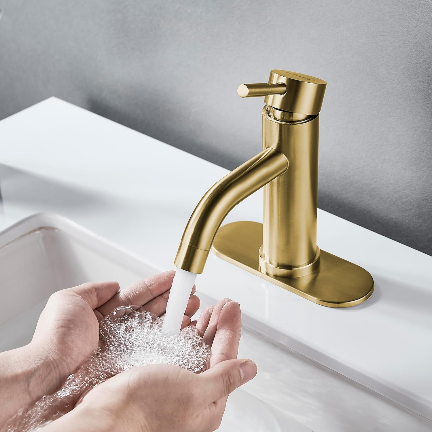 Single Hole Bathroom Sink Faucet Brushed Gold, Modern Single Handle Bathroom Faucet Commercial Stainless Steel Basin Faucet with Drain