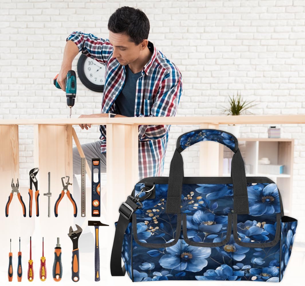Watercolor Florals Drawing Tool Bags for Men Women Multi-Pockets Wide Mouth Tool Organizer Storage Tote Bag Waterproof Stroage Bags with Adjustabe Shoulder Straper for Car Electrician Garden