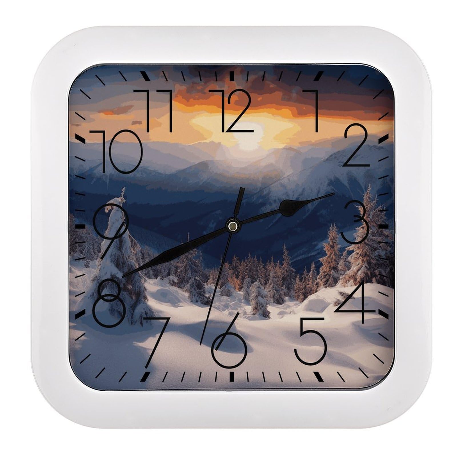 Horloge murale carrée de 25,4 cm au motif de coucher de soleil d'hiver