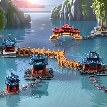 12 Pcs Chinese Miniature Garden Decor Set, Mini Plastic Pavilions Bridge Figurines for DIY Craft Micro Landscape Decor, Fairy Garden Accessories, Bonsai Terrarium Pond Lawn Ornaments