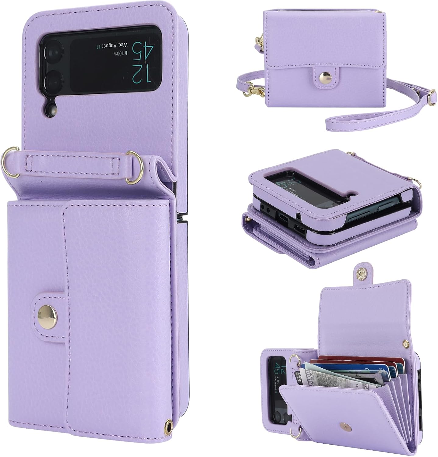 KIHUWEY for Samsung Galaxy Z Flip 4 Wallet Case, Crossbody Purse with Credit Card Slot Holder RFID Blocking PU Leather Adjustable Lanyard Detachable Strap Wrist for Women (Purple)