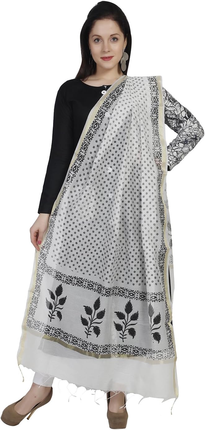 DUPATTA BAZAARWomen's Printed Black & White Cotton Silk Dupatta