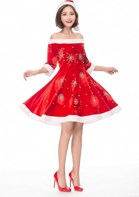 Amazon S C Live クリスマス コスプレ レディース サンタワンピースドレス2点セット オフショルダー 半袖 雪結晶ビジュ 大人可愛い サンタワンピース オフショルダーワンピース オフショルダーパールワンピース サンタドレス2点セット 美しいデコルテライン キラキラ