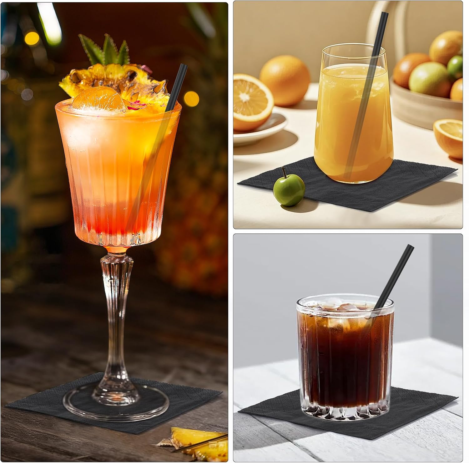 [300 Pcs] Cocktail Straws and Cocktail Napkins Set - 5 Inch Black Disposable Plastic Straws and 4.5"x4.5" 2-Ply Paper Napkins for Bar,Party,Drinks,Beverage