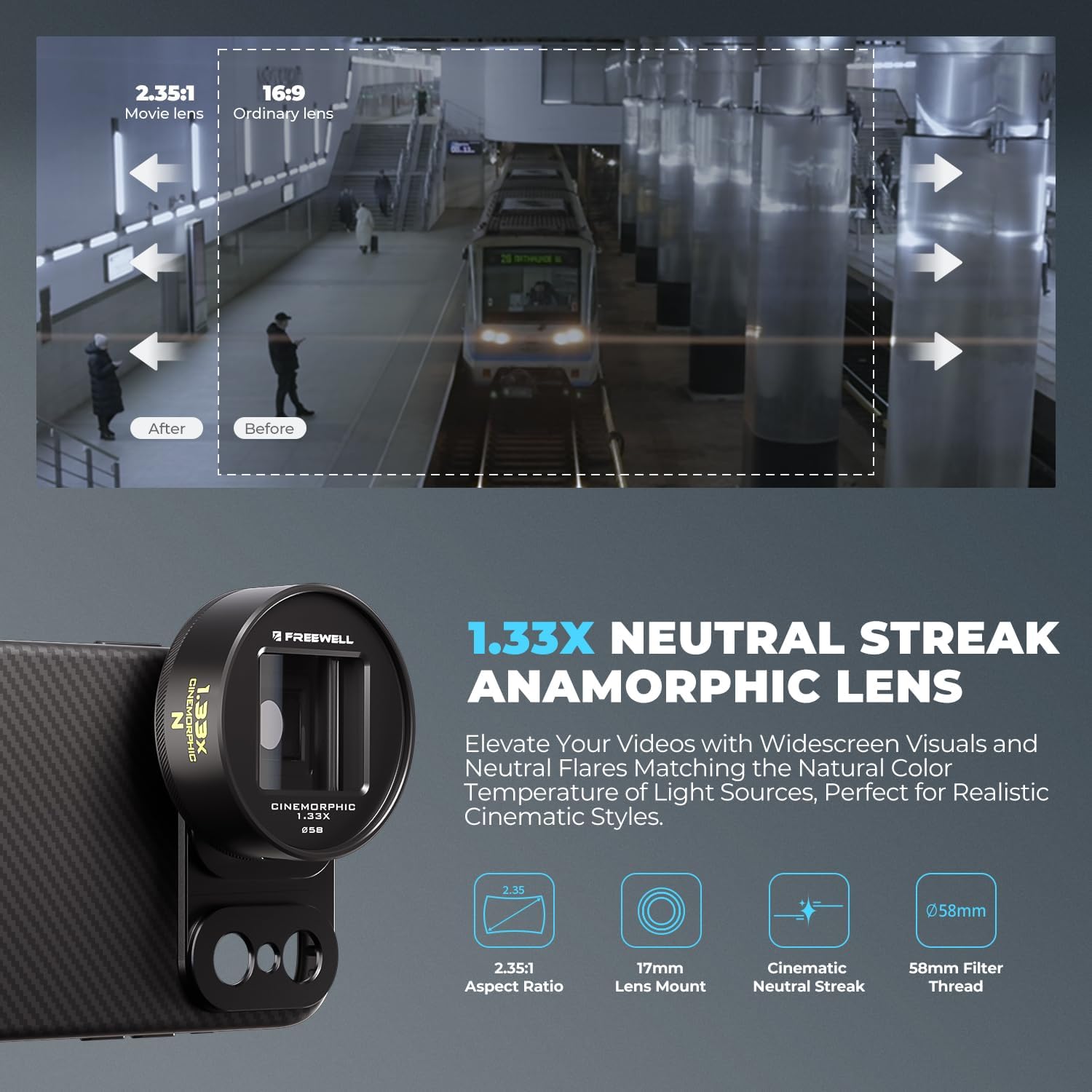 Freewell Neutral Streak 1.33x Anamorphic Lens and Slide-On Lens Filter Kit Compatible with 17mm Mount iPhone, Samsung