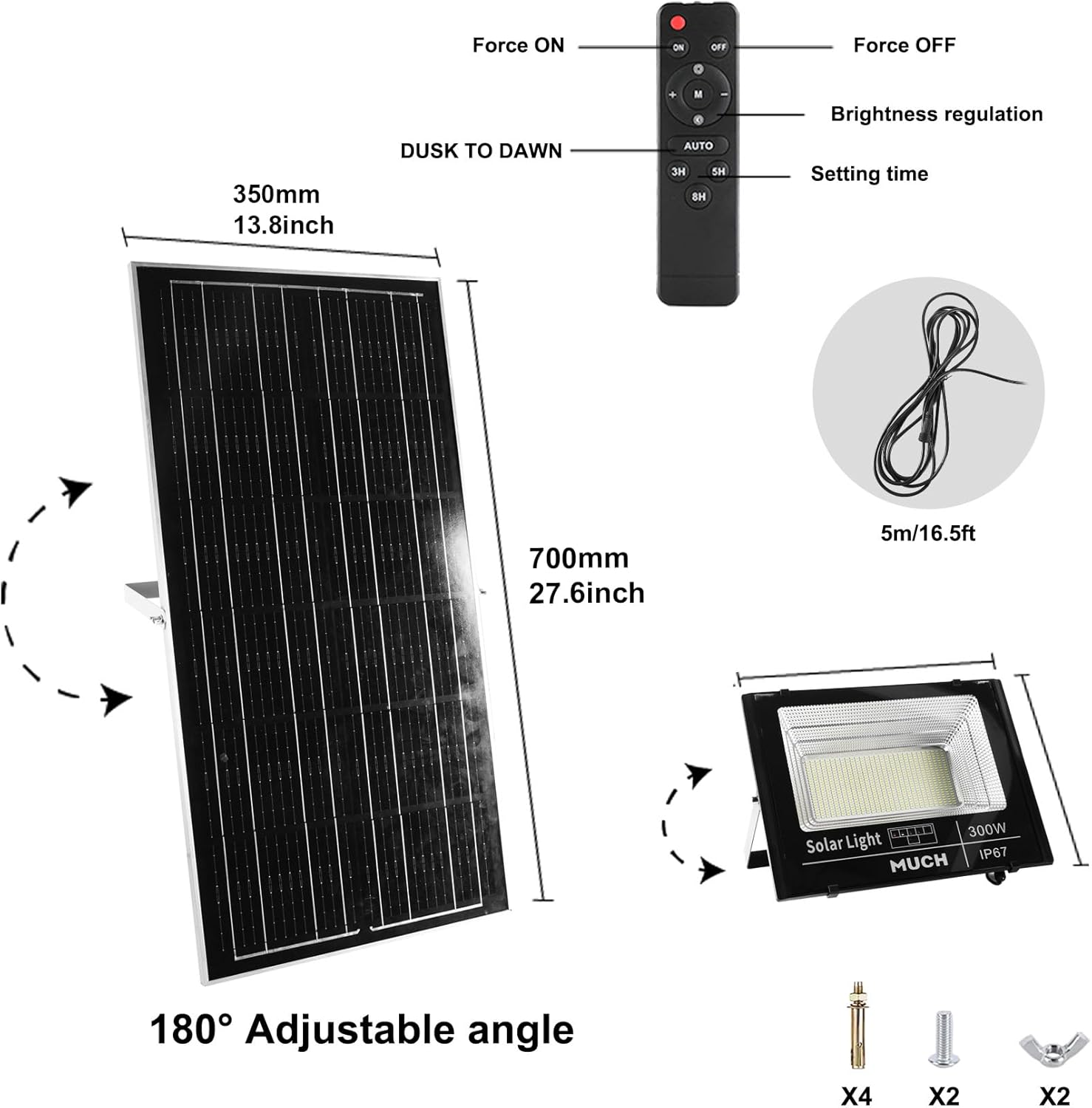 MUCH 300W Solar Flood Lights Outdoor, 648 LEDs with Remote, 30000mAh Dusk to Dawn, IP67 Waterproof, 12H+ Lighting for Yard, Garden, Driveway, Wall/Hanging Mount (1)