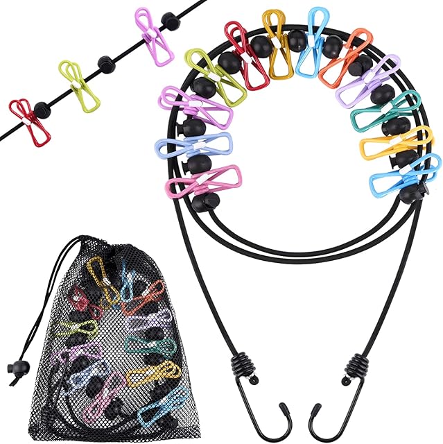 WXJ13 2 Pack Portable Clothesline, Adjustable Retractable Elastic Washing Line Windproof Rope Clothesline with 12 Clips for Travel, Camping, Indoor Laundry Drying