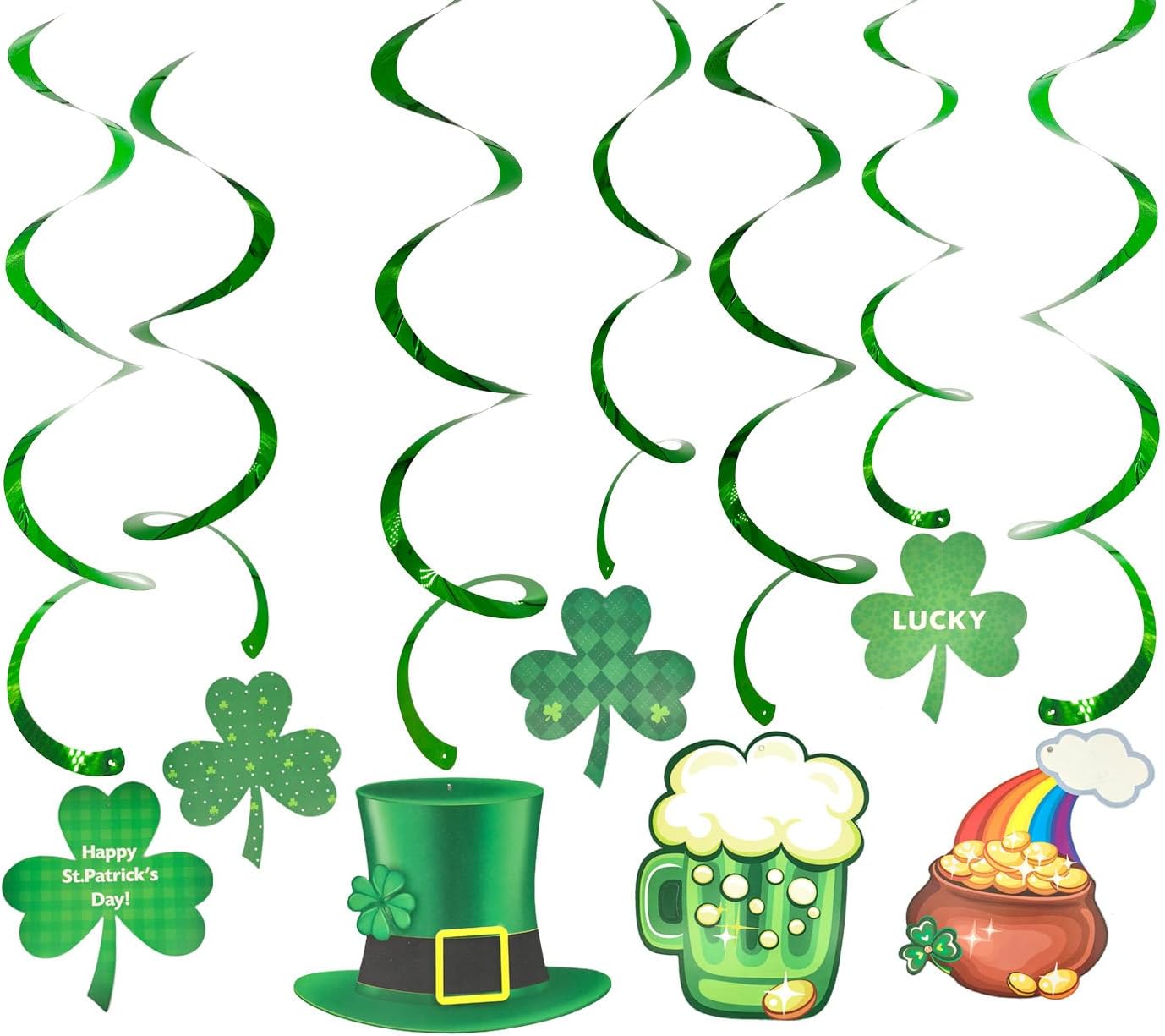 St. Patrick's Day Decorations 24Pc Complete Party Supplies Set - LUCKY & Shamrock Banner, Green Hanging Paper Fans, Pom Poms Flowers, Clover Hanging Swirls - Irish Decor for Home, Mantel, Classroom