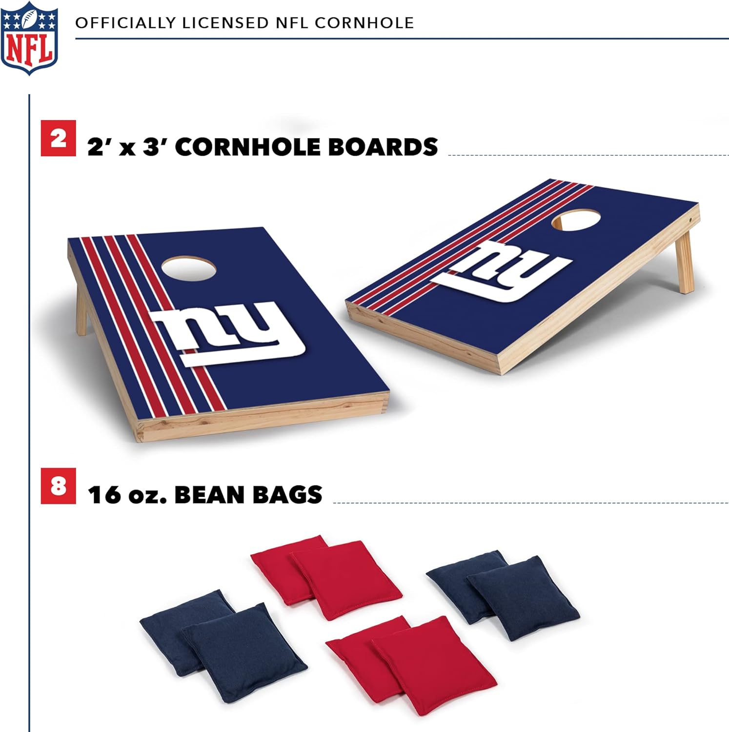 Wild Sports 2' x 3' Solid Wood Cornhole Set with Direct Print HD Team Graphics – Great Gift for Any Football Fan! Bean Bag Toss Family Outdoor Games – NFL New York Giants