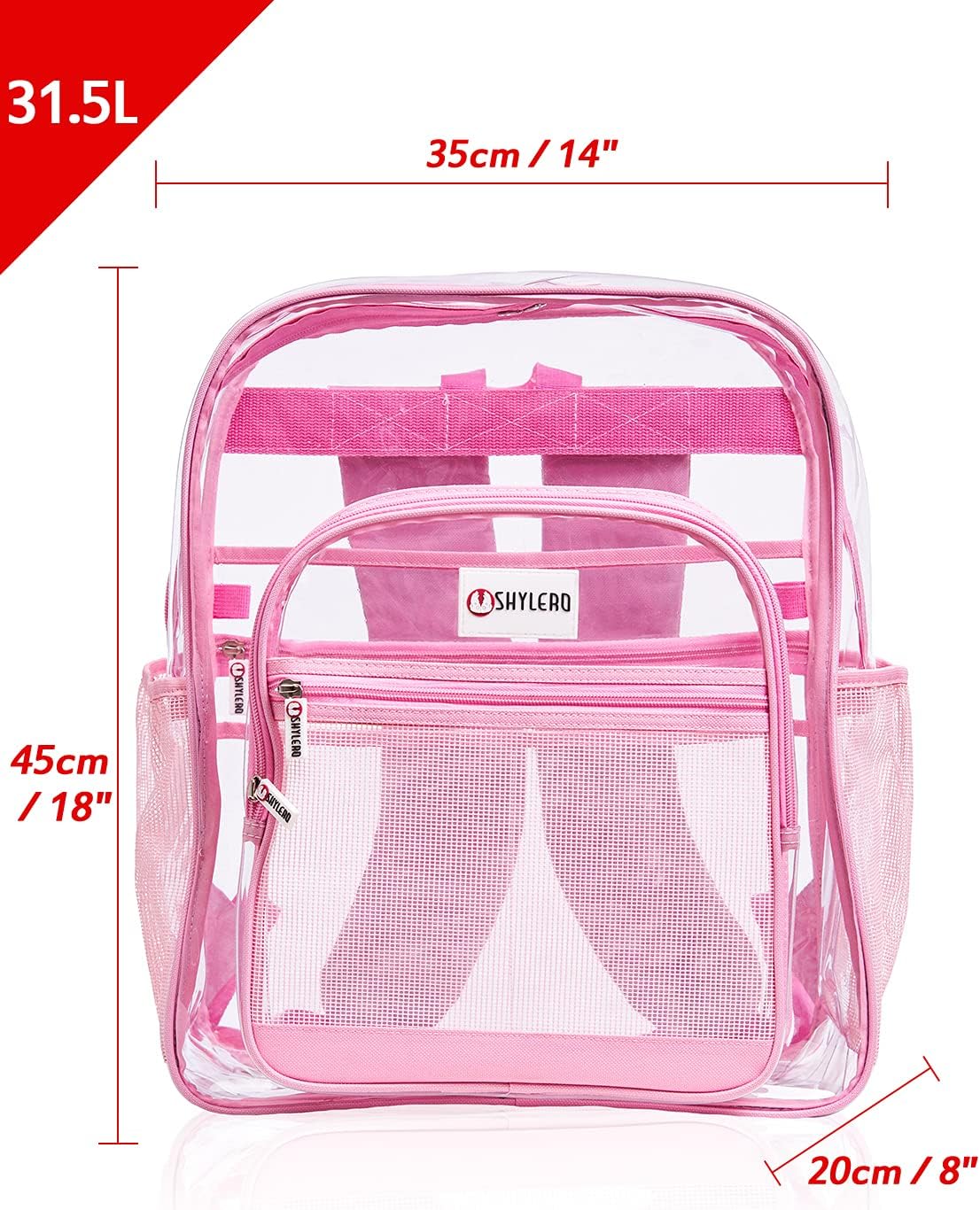 SHYLERO Clear Backpack For Work XL. Heavy Duty Backpack has TSA Lock, 2-WAY Zip, Transparent PVC - H18''xW14''xD8 (Transparent Pink Rhino, XL)