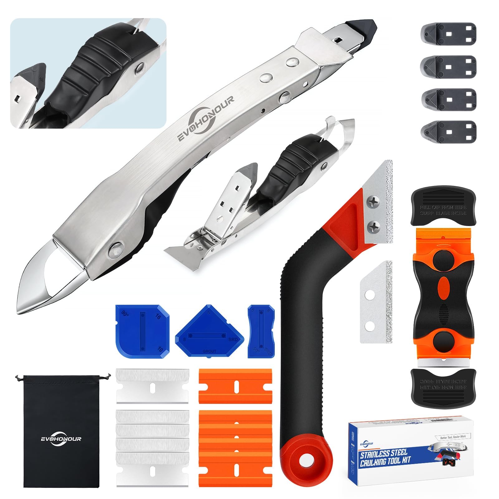 Stainless Steel Caulk Remover Tool, 4-in-1 Caulking Tool Kit