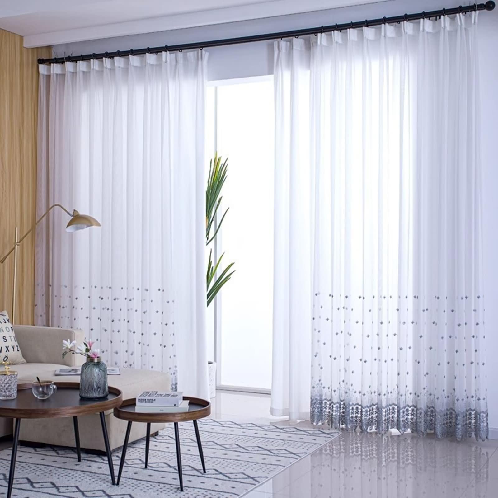 Rideau Voilage Gris Broderie, Dentelle à Crochets, 102x138cm, Lot de 2 Rideaux Chambre Moderne