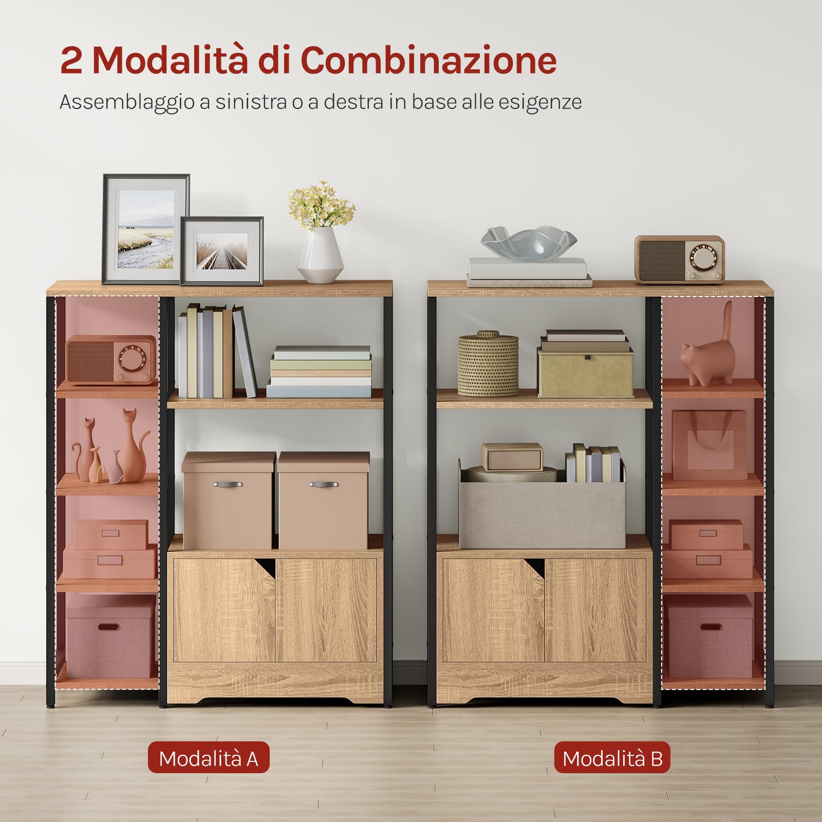 WOLTU Scaffale Moderno con Ripiani e Armadietto, Scaffale Divisorio 80x35x97 cm, Stile Industriale, Struttura in Metallo, Nero + Rovere Chiaro, RGB08hei
