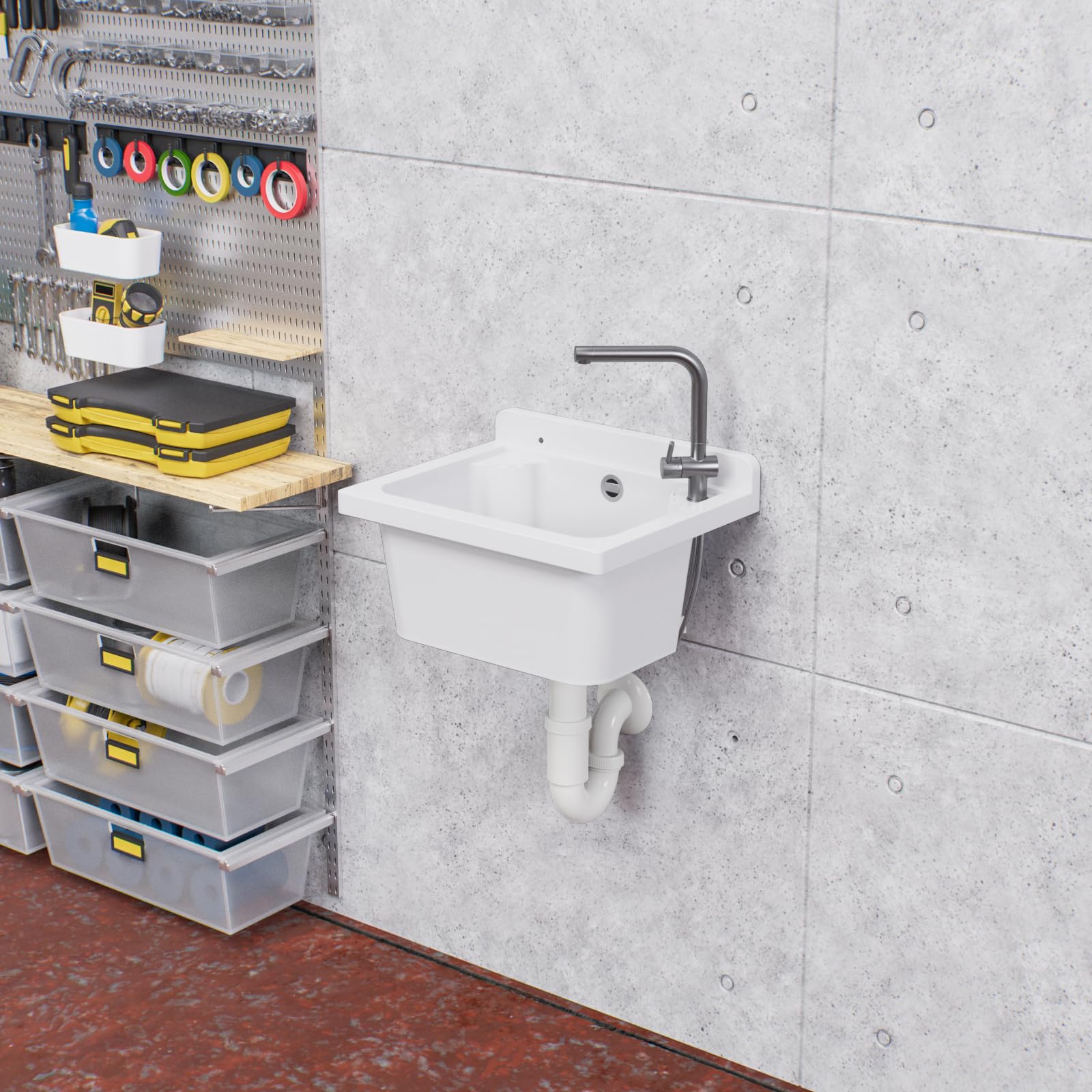 Lavandino, catino, lavello in plastica per esterno, giardino, garage, cantina, stanza di lavaggio, officina, 4 colori (Bianco)