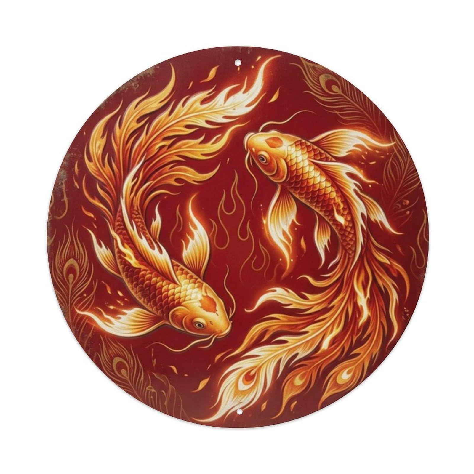 Fqcyn Style Koi Fish Crimson Phoenix Dance Livingroom Metal Tin Sign Plaque Wall Decor For Cafe, Club Bar, Office, Home Garden Round Metal Poster 8X8inch