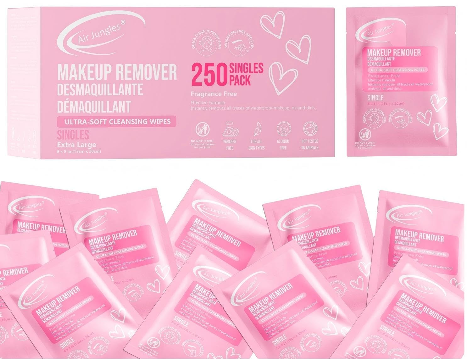 Toallitas removedoras de maquillaje, 250 unidades a granel, envueltas individualmente, toallas faciales extra grandes de 6 x 8 pulgadas, sin fragancia, sin alcohol, eliminan el maquillaje