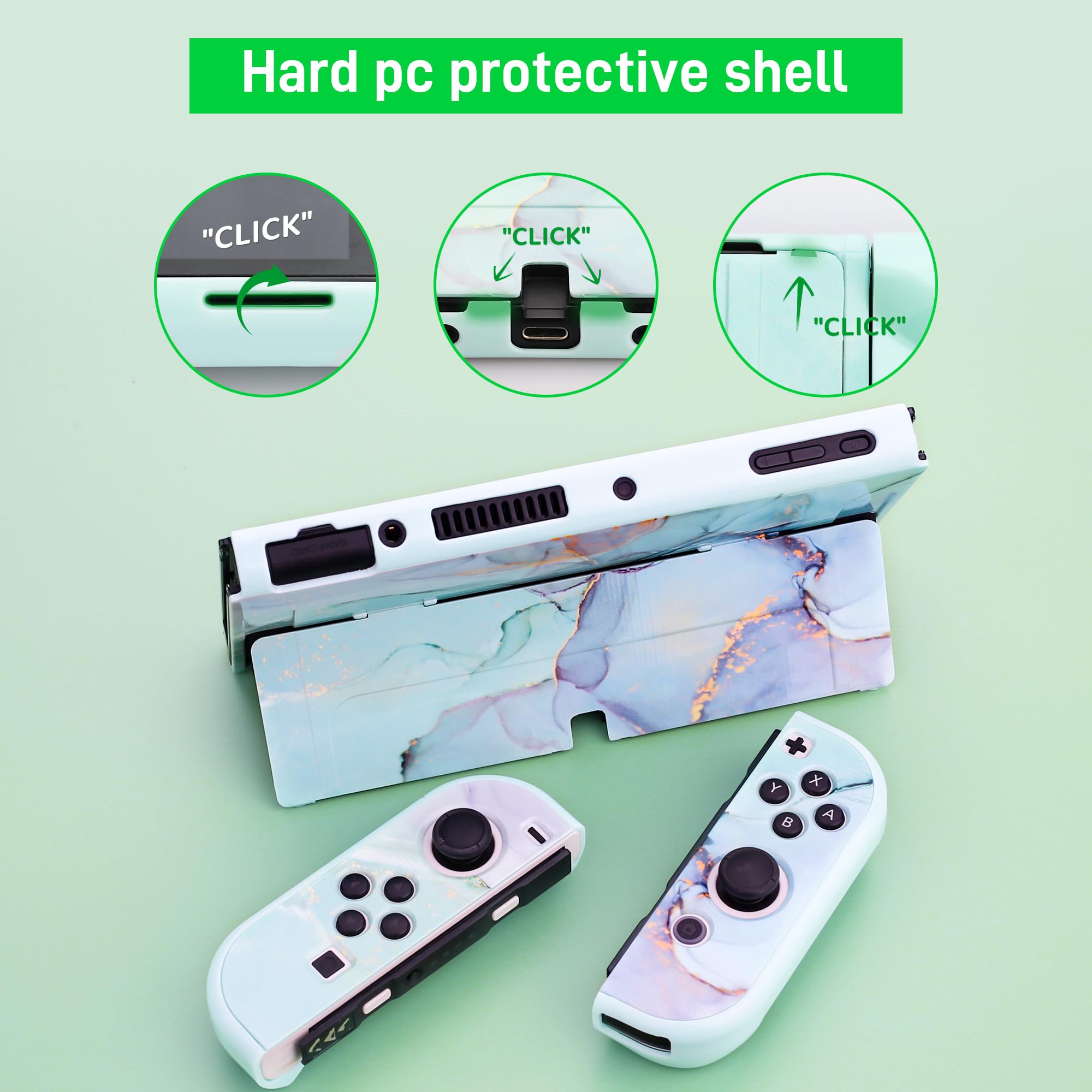 FANPL Set di custodie per Nintendo Switch OLED, custodia da trasporto per Switch OLED e Joy Con con custodia protettiva flip e pellicola protettiva, 4 impugnature per pollice, tracolla - marmo verde