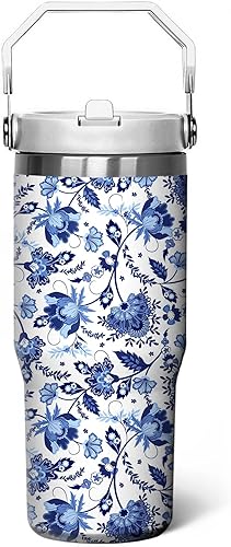 Taza de 30 onzas con diseño floral  Taza de viaje aislada de acero inoxidable azul y blanca  Elegante taza de café con asa y tapa  Regalo para
