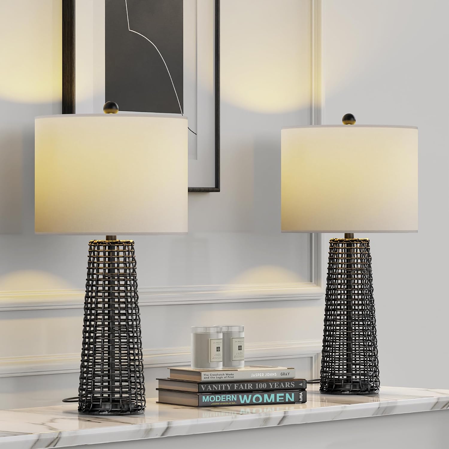 Maxax 26.5" Boho Rattan Table Lamps Set of 2 for Bedroom, 3 Way Dimmable Bedside Lamp with Linen Shades, Black Wicker Nightstand Lamp for Living Room